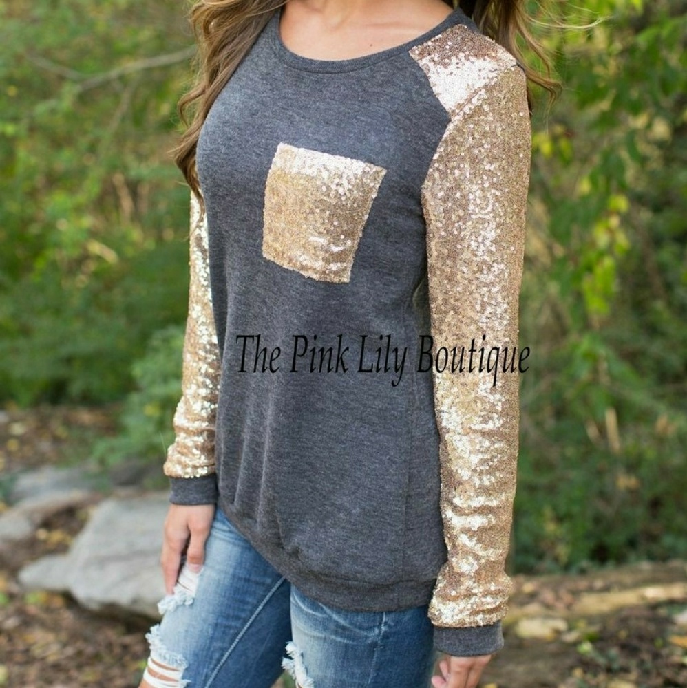 NWOT Charcoal Sequin Sleeve Blouse